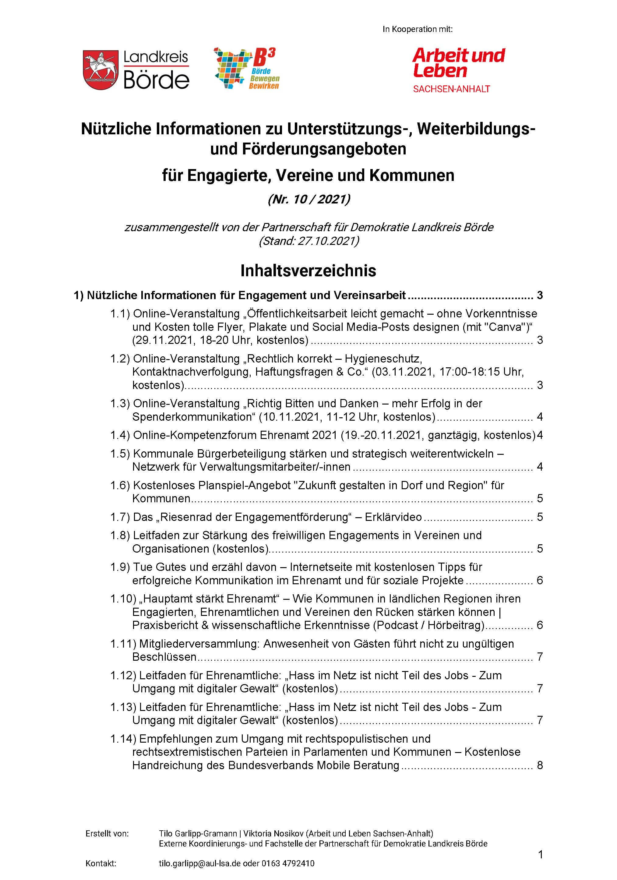Info Mail 10 2021 Für Engagierte Vereine Kommunen PfD LK Börde Seite 01